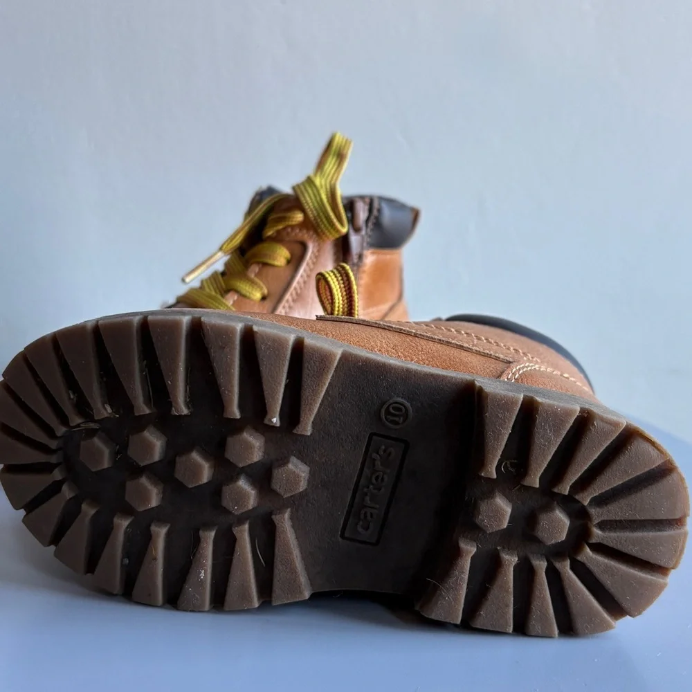 Brown Kids Work Boots with Yellow Laces, Size 10 Toddler